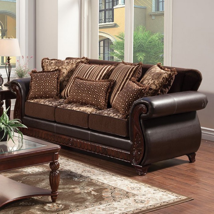 Leather sofa with carved wood hot sale trim