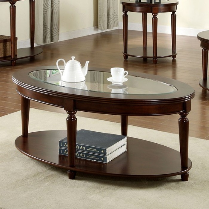 Cherry wood top glass coffee table