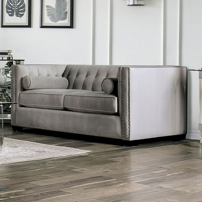 Light grey sofa store with nailhead trim