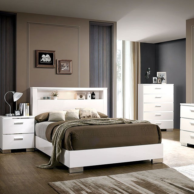 This bedroom set is made with wood and the cabinets utilize chrome handles for extra durability. furniture of america bed malte